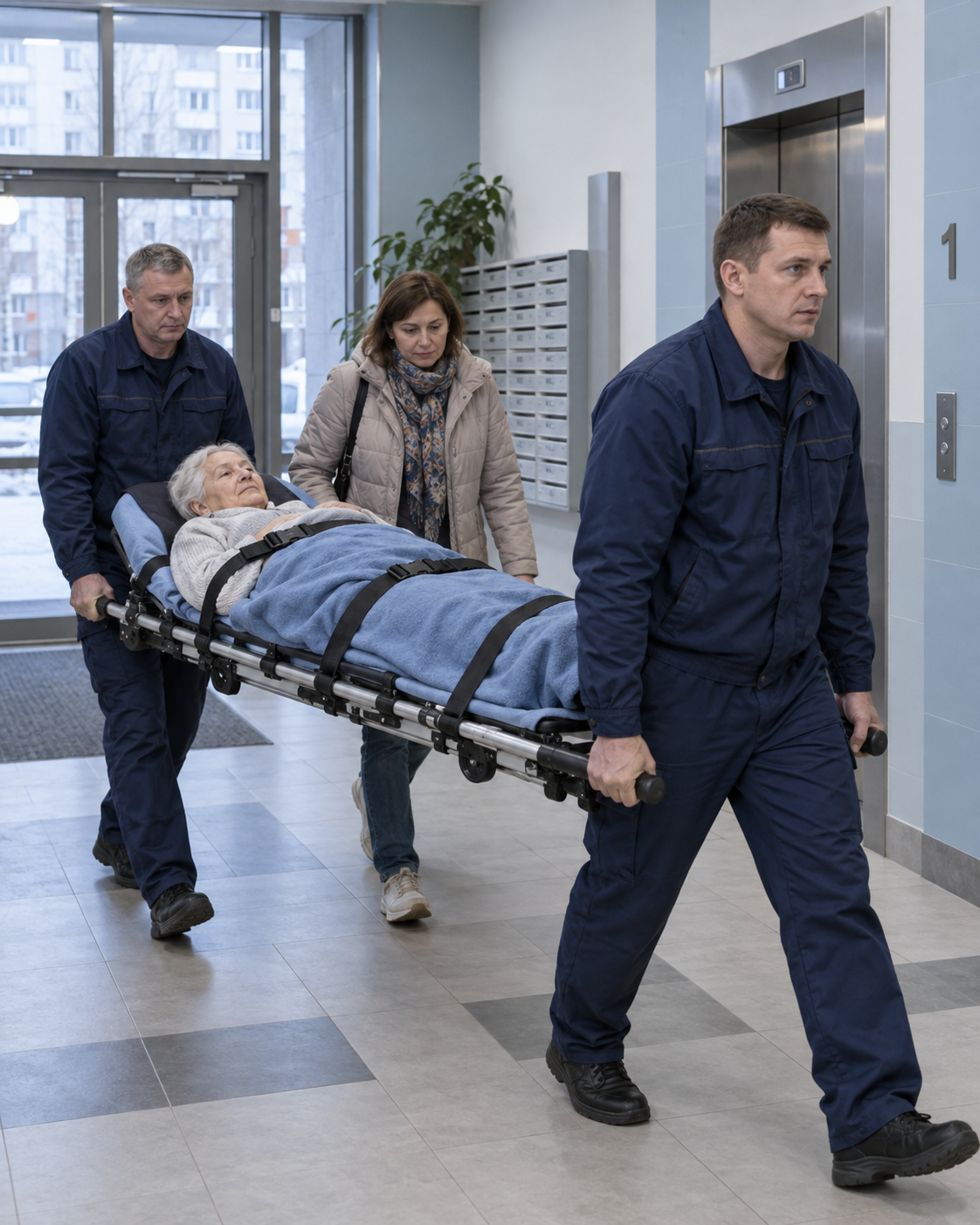 Два сотрудника службы несут пожилую москвичку на носилках к лифту